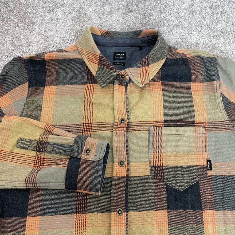 Prana Mens Plaid Flannel Button Down Shirt Green Orange Size Medium Fall Earthy